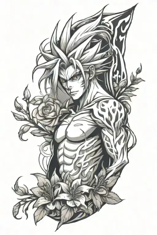 arm tattoo with lycoris flower and vasto lorde ichigo (bleach anime) tattoo design idea