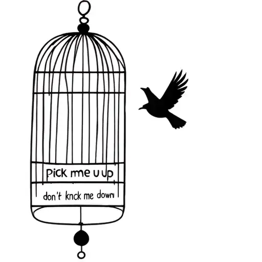 a simple robin flying away from its cage that has the words pick me up don't knock me down  tattoo design idea