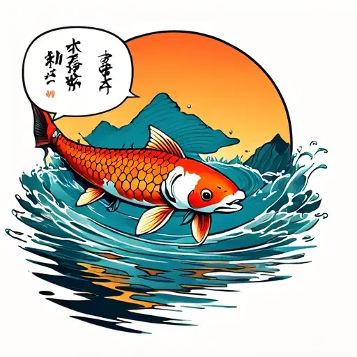 A traditional tattoo design of a koi fish swimming upstream with a manga-style speech bubble containing the client's favorite Japanese phrase, reflecting their interests in both Japanese culture and manga. tattoo design idea