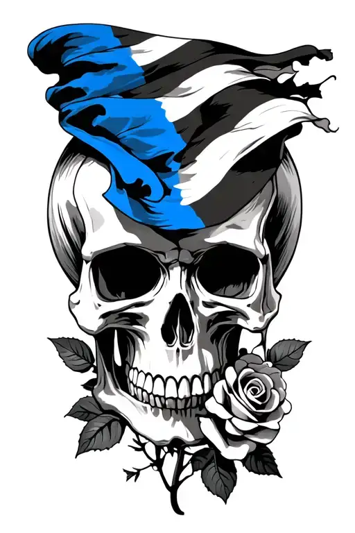 skull with black and blue striped flag with roses tattoo design idea