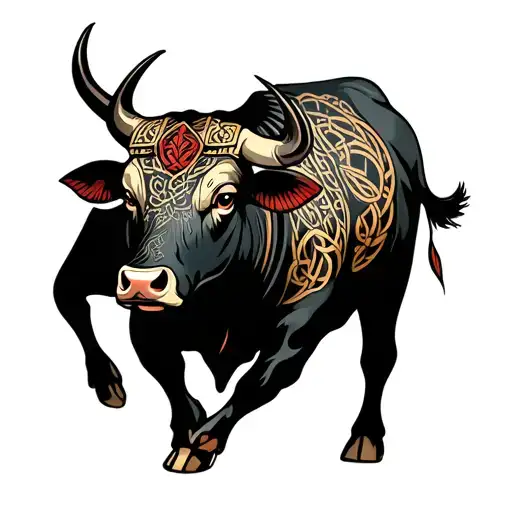 A neotraditional tattoo of a bull with Celtic patterns and metal music motifs integrated into the design tattoo design idea