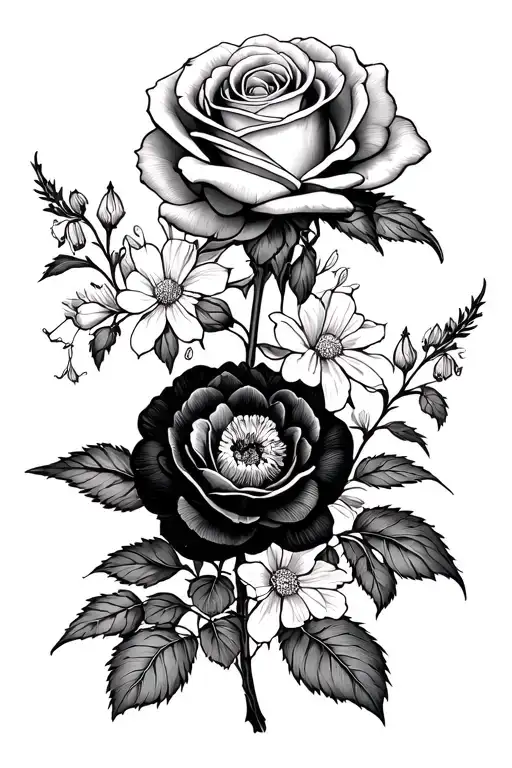 rose and larkspur and carnations intertwined tattoo design idea