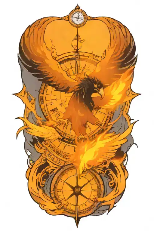 compass layered behind a clock representing the course for life over time. Overlapping is a Phoenix rising uo tattoo design idea
