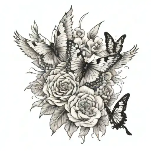 memorial of grandma, with cranes bill flowers, and butterflies tattoo design idea