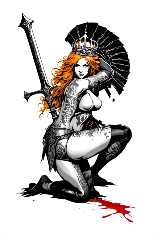 ginger female spartan warrior wearing a crown and a bloody sword, on her knees tattoo design idea
