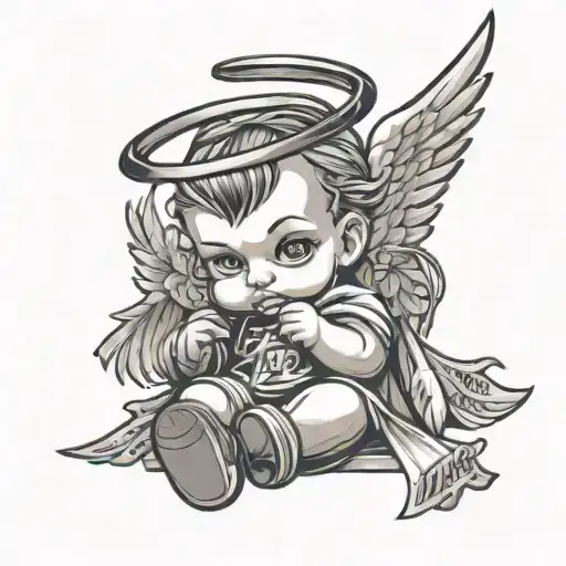little baby gangsta angel with thug life written above it's head tattoo design idea