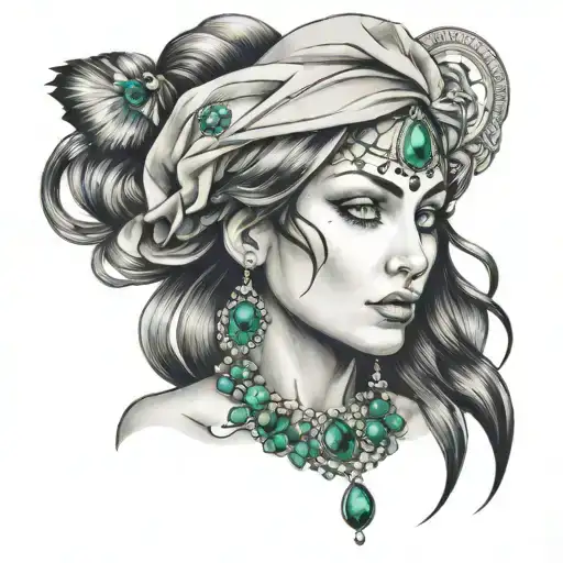 Gypsy woman with emerald gems tattoo design idea