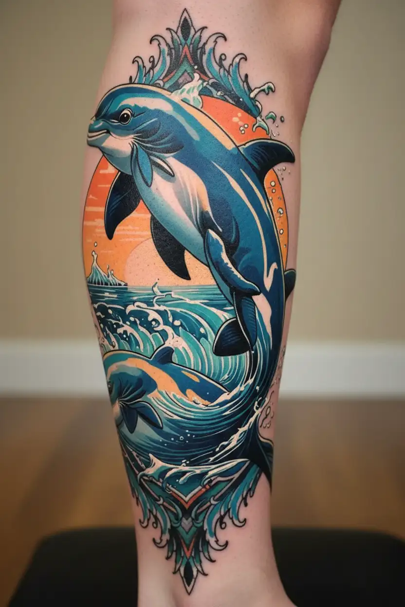 two dolphins jumping out of the water tattoo design idea