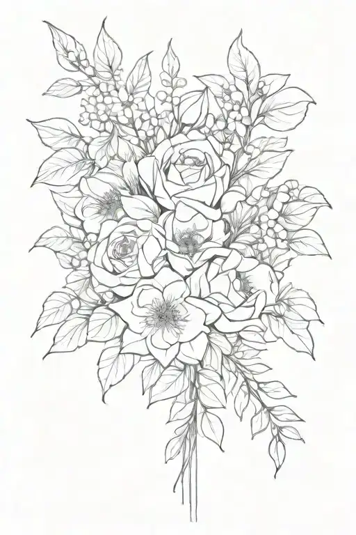 floral minimalistic masculine, bouquet wrapped tattoo design idea