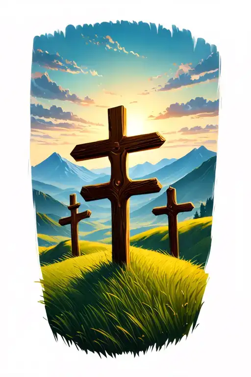 rolling grassy hills with 3 wooden crosses far away in background with mountain range behind it tattoo design idea