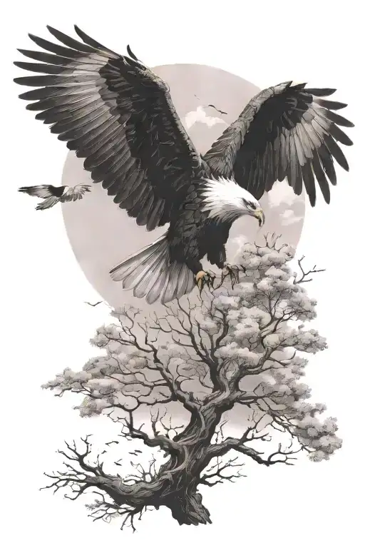 an eagle flying over a tree with a raven and a pond with a swan tattoo design idea