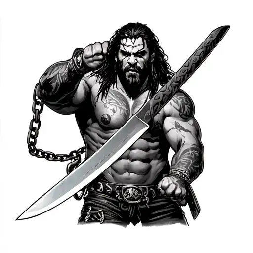 long haired pro wrestler "The Ripper" wielding a long blade attached to a chain tattoo design idea