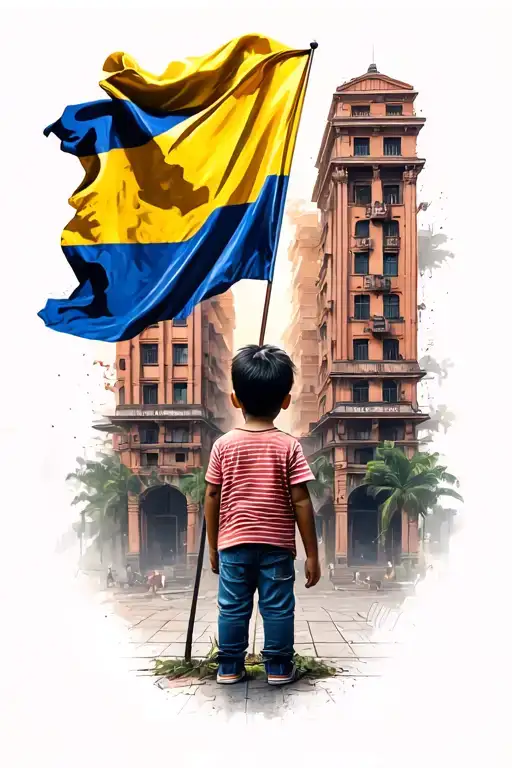 big buildings a kid looking at them with the colombian flag in his hand,  tattoo design idea