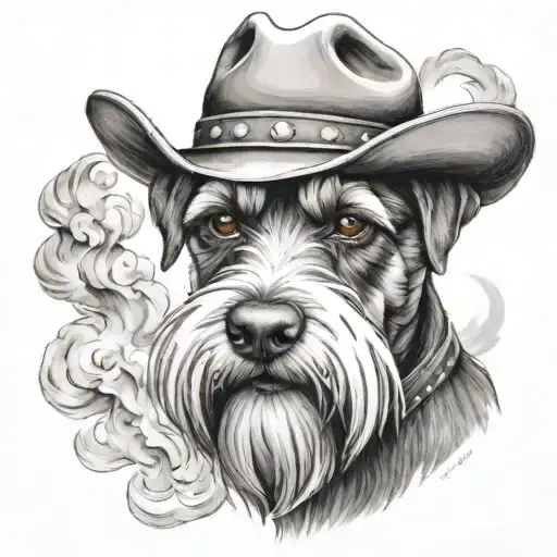 salt and pepper schnauzer with cowboy hat and brown eyes and a collar looking with smoke tattoo design idea