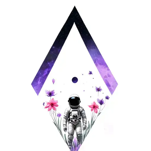astronaut inspired by mass effect floating in space with geometric shapes with purple cosmos and pink daffodils tattoo design idea