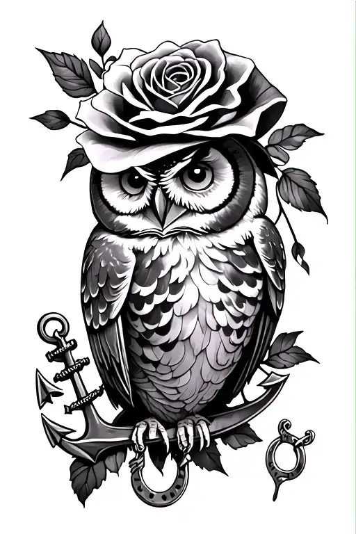 half sleeve with a small owl, one small rose, anchor, horse shoe, and a auote tattoo design idea
