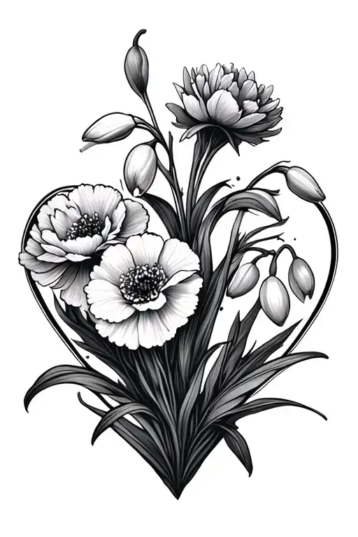 carnations and snowdrops in the outline of a heart shape tattoo design idea