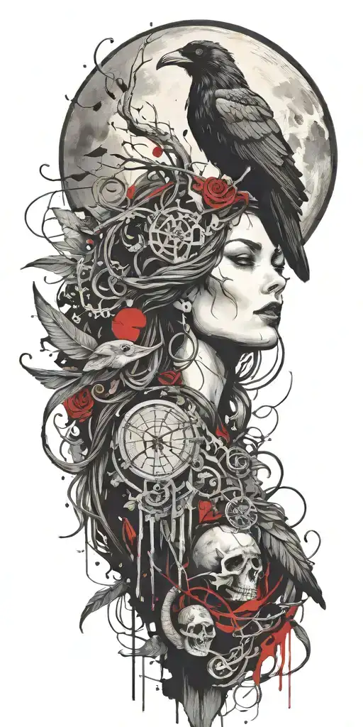 goddess of death, raven, snake, moon tattoo design idea