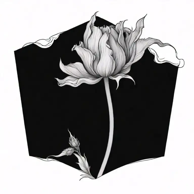 A tulip morphing into a thistle with a female figure in the background tattoo design idea