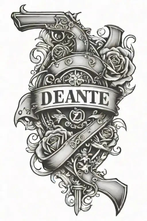 the name DEANTE with hearts and guns tattoo design idea
