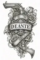 the name DEANTE with hearts and guns tattoo design idea
