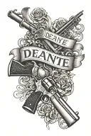 the name DEANTE with hearts and guns tattoo design idea