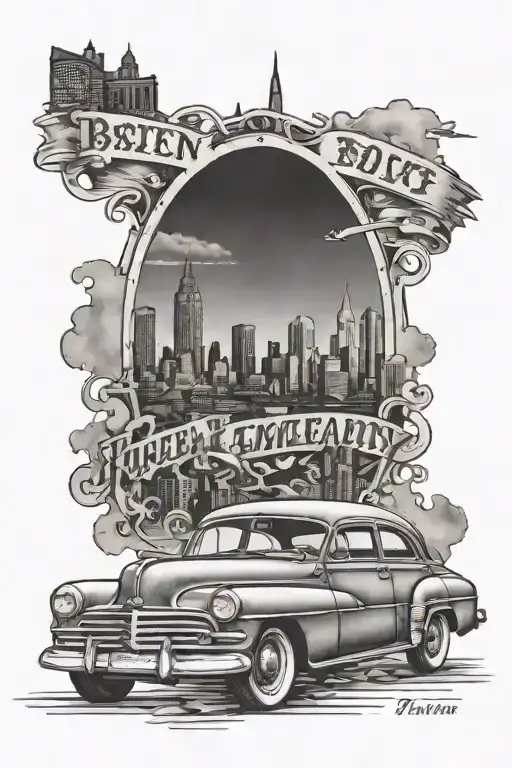 A tattoo design incorporating a Boston skyline, a philosophical quote, and a vintage car to represent your favorite things and interests tattoo design idea