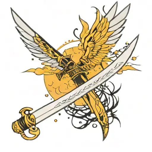 An anime-inspired design of a katana with wings exuding aura tattoo design idea