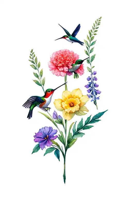 carnation, daffodil, marigold, larkspur,  hummingbirds, chrysanthem long leaves with stems but add in the tooled leather tattoo design idea