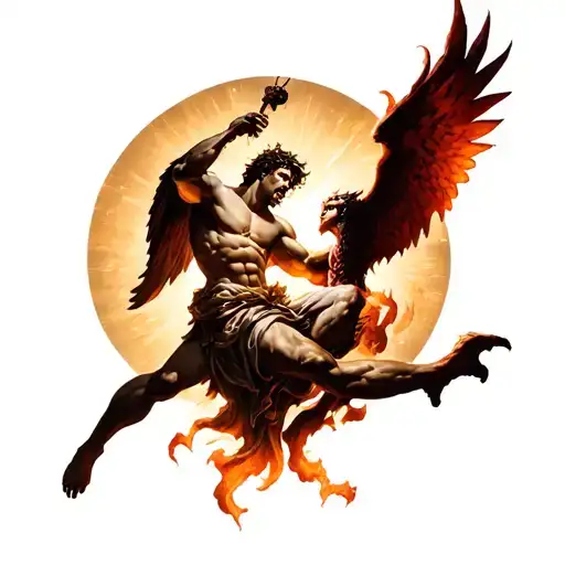 st. Michael fight with the devil. St. Michael will fight from the heaven and the Devil will climb up from a hell tattoo design idea