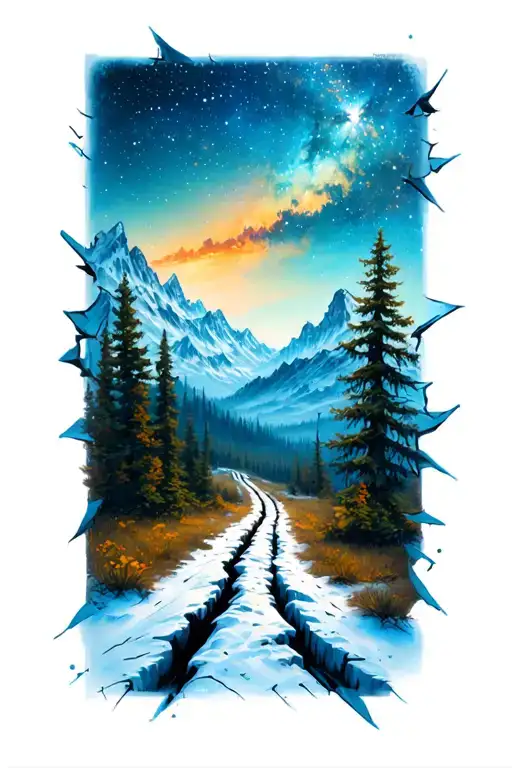 broken road through a forest  and mountains leading to northern star tattoo design idea