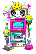 90s style with Spice Girls tape cassette Tracy Beaker book Lava lamp, yellow smile face, game, Friends on TV  tattoo design idea