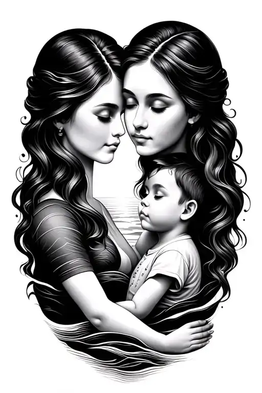 Curved horizon line following the forearm’s flow.Sunset resting on the curve with soft fine-line rays.Mother and son tattoo design idea