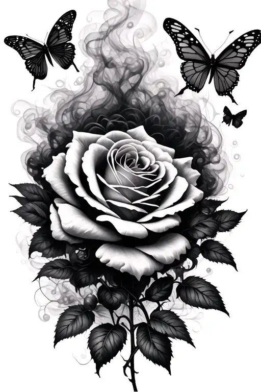 swirling thick smoke roses, and barbed wire with butterflies tattoo design idea