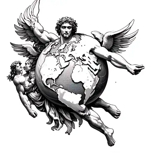 "Black and white fine line tattoo of Atlas carrying the world on his shoulders, based on classical Greek mythology. The  tattoo design idea