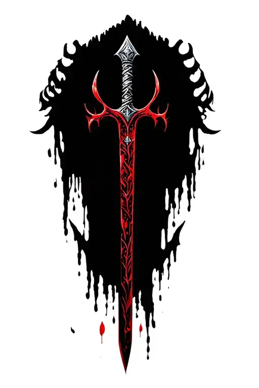 long dagger on the forest, covered blood, elf tattoo design idea