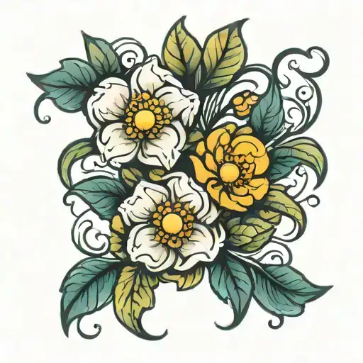 cartoon flowers intertwined tattoo design idea