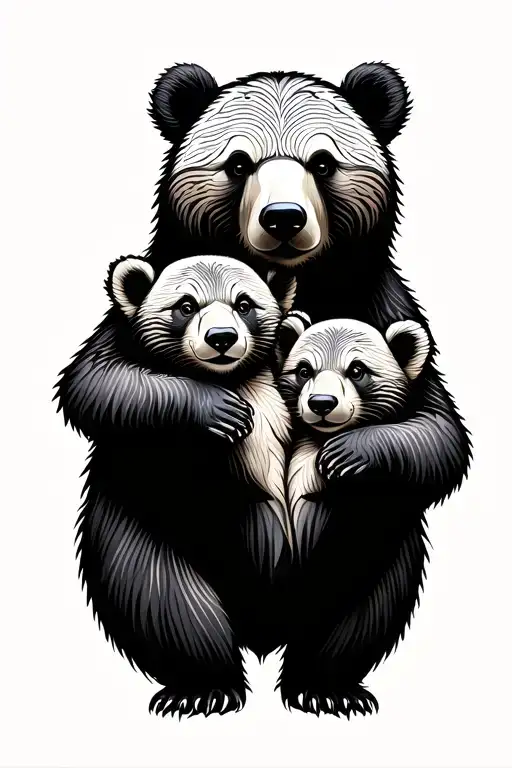 mumma bear protecting two cubs playing together tattoo design idea