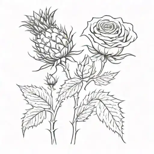 rose and thistle intertwined in one plant growing tattoo design idea