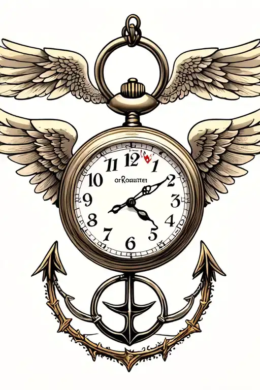 pocket watch with wings and a anchor tattoo design idea