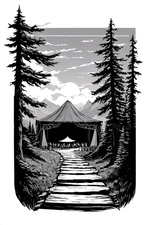 Outdoor hiking trail leading tot a stage for a metal festival. Where sun, music en fun comes together tattoo design idea