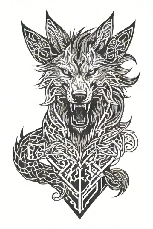 angry fenrir with runes wrapping, nordic, black and grey, with not allot of black tattoo design idea