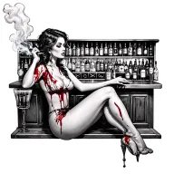 old bar sexy bloody woman sitting alcohol smokes tattoo design idea