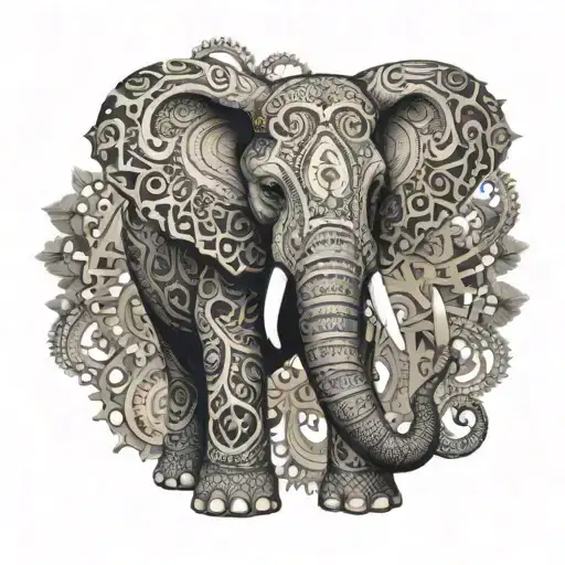 An elephant adorned with tribal patterns and gears, symbolizing wisdom, strength, and innovation tattoo design idea