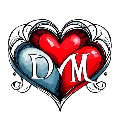 Two hearts as the infinity symbol with the initial D in one heart and the initial M in the other heart tattoo design idea