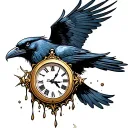flying raven carrying clock melting tattoo design idea