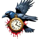 flying raven carrying clock melting tattoo design idea