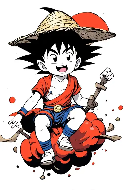 baby Goku riding a red and black  cloud wearing a straw hat from one piece  tattoo design idea