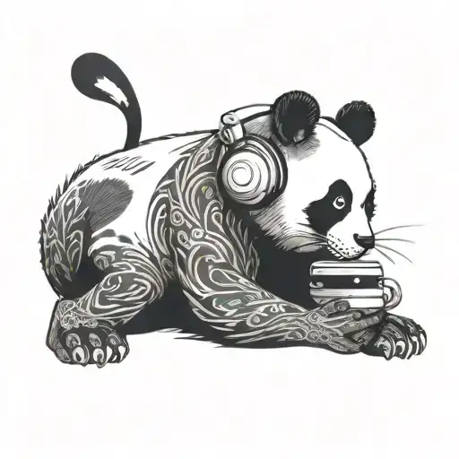 Fusion between a panda and a black cat wearing headphones tattoo design idea