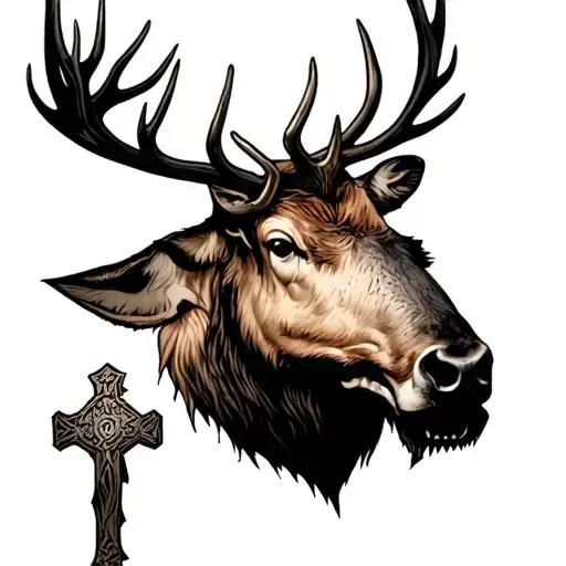 elk with cross for dead dad tattoo design idea